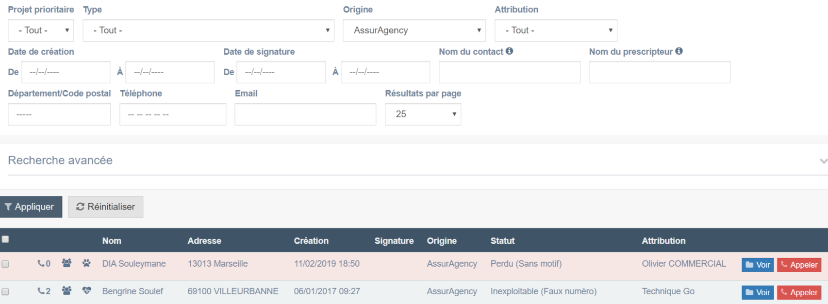 Liste des leads par origine